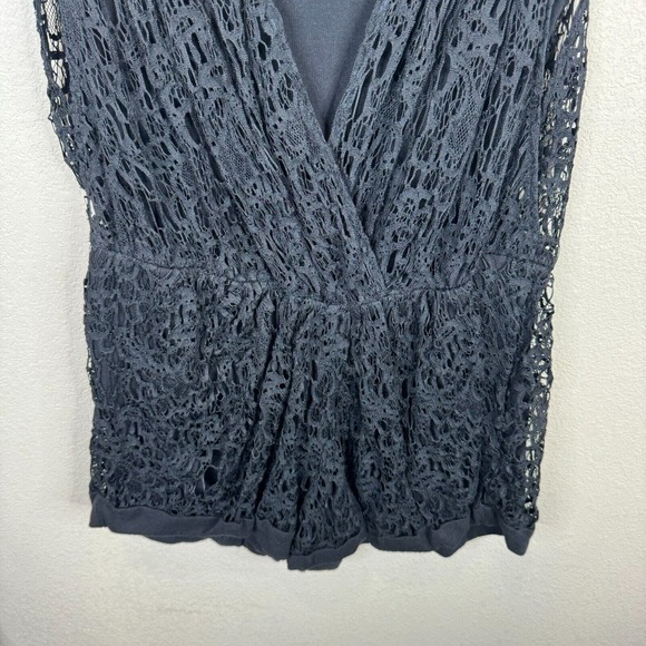 Thakoon Romper Women's 4 Black Lined 100% Cotton Surplice Neck Plunge Crochet - Picture 4 of 13